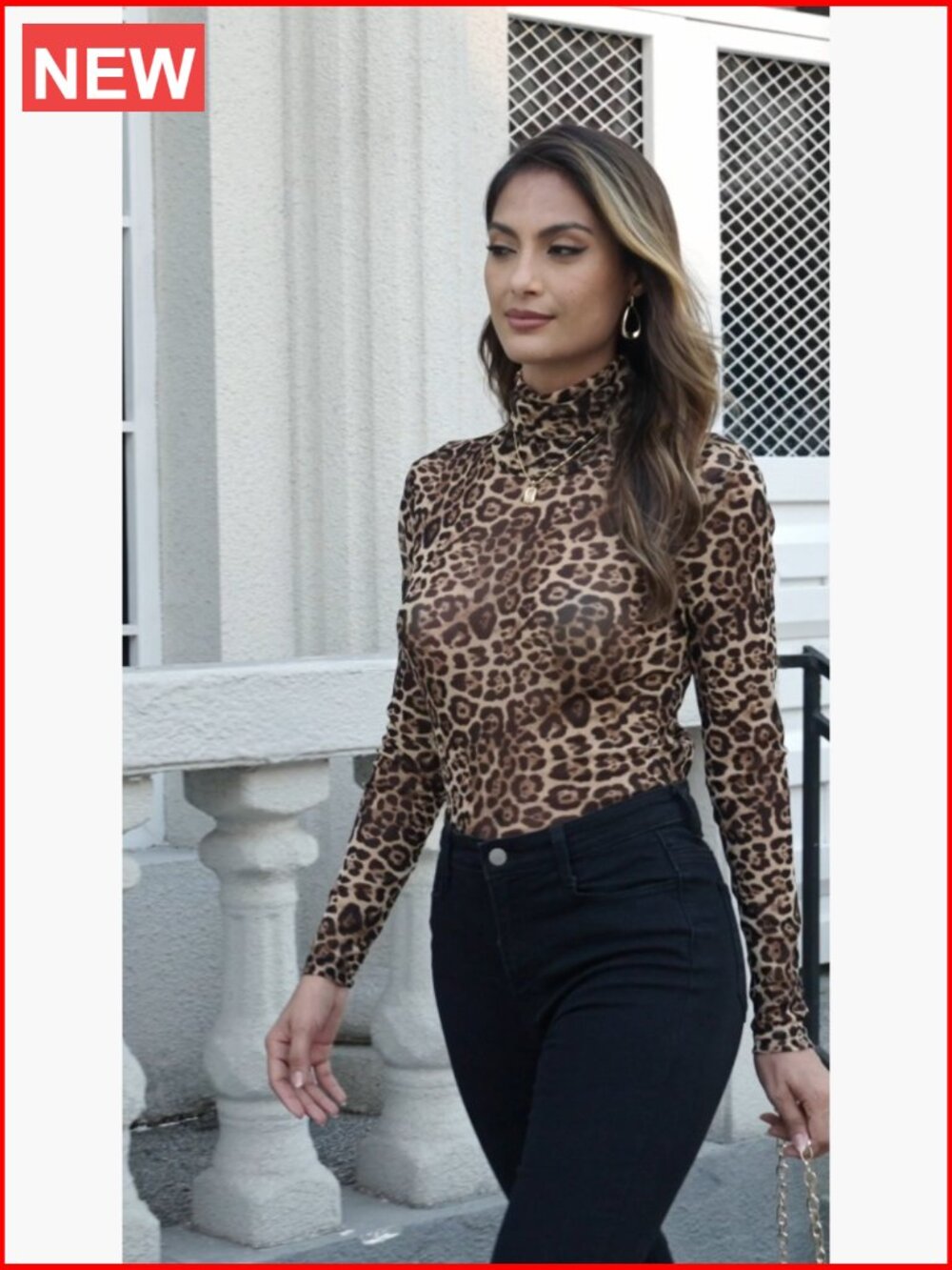Leopard Print Mock Turtle Neck Long Sleeve Slim Fit T-Shirt - Picture 7 of 7